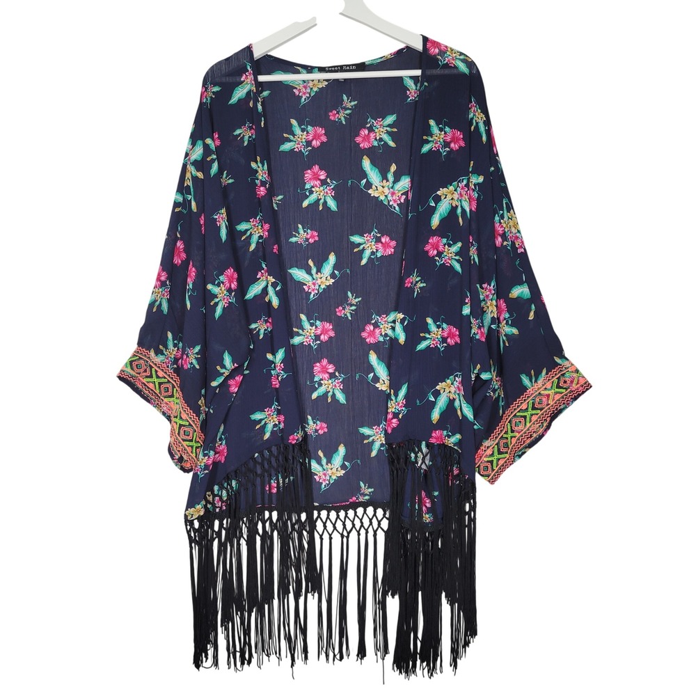 Sweet Rain Kimono Women XL Navy Blue Floral Embroidered Fringe Tassels BOHO